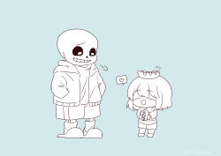 Rule 34 | 0725akaba, 1other, :d, ^ ^, absurdres, blue background, chara (undertale), closed eyes, food, food on head, grin, hands in pockets, highres, hood, hood down, hooded jacket, hot dog, jacket, monochrome, object on head, open clothes, open jacket, open mouth, sans (undertale), shirt, shorts, simple background, skeleton, slippers, smile, socks, standing, undertale