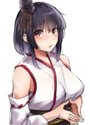 Rule 34 | 1girl, absurdres, black hair, blush, breasts, detached sleeves, fingers together, hair ornament, headgear, highres, japanese clothes, kantai collection, kiritto, large breasts, long sleeves, nontraditional miko, open mouth, red eyes, ribbon-trimmed sleeves, ribbon trim, short hair, sidelocks, simple background, solo, sweat, upper body, white background, wide sleeves, yamashiro (kancolle)