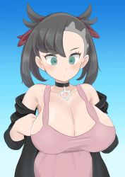 Rule 34 | 1girl, alternate breast size, animated, animated gif, arms up, bare shoulders, black coat, black hair, blush, breasts, breasts out, choker, coat, creatures (company), female focus, game freak, goth fashion, green eyes, hands on own chest, highres, inflation, kukaninugi, large breasts, marnie (pokemon), nintendo, nipples, pokemon, pokemon swsh, simple background, slideshow, solo, third-party edit, torn clothes, upper body, video game, wardrobe malfunction
