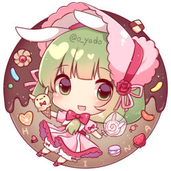 Rule 34 | 1girl, alternate costume, bloomers, blush, bonnet, bow, candy, checkerboard cookie, chibi, cookie, dress, food, front ponytail, fruit, full body, green hair, hair bow, happy, holding, holding candy, holding food, holding ice cream cone, holding lollipop, ice cream cone, kagiyama hina, lollipop, looking at viewer, medium hair, open mouth, pink bonnet, pink dress, puffy short sleeves, puffy sleeves, red bow, short sleeves, solo, strawberry, touhou, underwear, white bloomers, yadoyuki