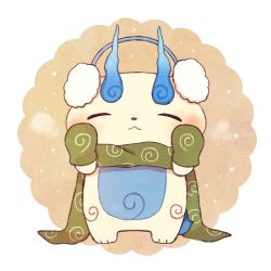 Rule 34 | 10s, ayu (mog), blush, closed eyes, earmuffs, komasan, mittens, no humans, scarf, simple background, solo, traditional youkai, white background, winter, youkai watch
