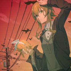 Rule 34 | 2girls, arm up, bird, black jacket, blonde hair, blue eyes, bow, commentary, crow, expressionless, from below, green eyes, green hair, grey shirt, gumi, hair bow, highres, jacket, kagamine rin, looking to the side, multiple girls, outdoors, power lines, scarf, shading eyes, shirt, short hair, standing, twilight, utility pole, vocaloid, white bow, wounds404