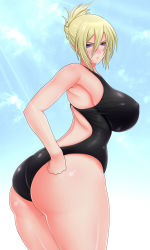 Rule 34 | 1girl, adjusting clothes, adjusting swimsuit, armpits, ass, back, bad id, bad pixiv id, black one-piece swimsuit, blonde hair, blush, breasts, cloud, covered erect nipples, cowboy shot, curvy, day, folded ponytail, from side, hair between eyes, hikuushi series, huge ass, large breasts, light rays, looking at viewer, looking back, one-piece swimsuit, outdoors, purple eyes, saogokushi, short hair, skin tight, skindentation, sky, solo, sonia pares, standing, sunbeam, sunlight, swimsuit, taut clothes, taut swimsuit, thick thighs, thighs, toaru hikuushi e no koiuta