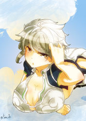 Rule 34 | 10s, 1girl, asymmetrical wings, braid, breasts, cleavage, cloud print, female focus, gradient background, jitome, kantai collection, large breasts, looking at viewer, lying, midriff, on stomach, open mouth, silver hair, single braid, solo, toriol 3, unryuu (kancolle), upper body, wavy hair, wings, yellow eyes