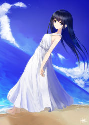 Rule 34 | 1girl, bad id, bad pixiv id, barefoot, beach, black hair, cloud, dated, day, dress, from side, full body, haori io, highres, long hair, ocean, original, outdoors, purple eyes, sky, solo, standing, sundress, wading, water