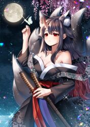 Rule 34 | 1girl, absurdres, animal, animal ear fluff, animal ears, arm up, bare shoulders, black hair, breasts, brown hair, bug, butterfly, cleavage, closed mouth, cloud, collarbone, commentary request, commission, fox ears, fox girl, fox tail, full moon, gradient hair, highres, horns, insect, katana, kitsune, long hair, long sleeves, looking away, medium breasts, menna (0012), moon, multicolored hair, night, night sky, oni, oni horns, original, red eyes, sheath, sheathed, single horn, sky, solo, star (sky), starry sky, sword, tail, very long hair, weapon
