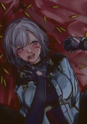 Rule 34 | 2girls, absurdres, ak-15 (girls&#039; frontline), black gloves, blood, blood on face, blush, breasts, floor, girls&#039; frontline, gloves, grey hair, grey jacket, highres, jacket, large breasts, lithographica, long sleeves, looking at viewer, lower teeth only, lying, multiple girls, on back, open mouth, parted lips, purple eyes, red background, rpk-16 (girls&#039; frontline), shell casing, short hair, sitting, sitting on person, smile, tactical clothes, teeth, upper body, upper teeth only