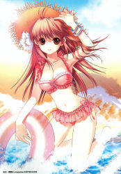 Rule 34 | 00s, 1girl, 2007, absurdres, arm up, beach, bikini, bracelet, brown eyes, brown hair, cross-laced clothes, frilled bikini, frills, hat, highres, innertube, jewelry, kneeling, long hair, looking at viewer, parted lips, pink bikini, red eyes, red hair, shirahane nao, solo, straw hat, sun hat, swim ring, swimsuit, water