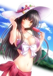 Rule 34 | 1girl, belly, bikini, black hair, blue sky, breasts, cleavage, cloud, cloudy sky, collarbone, commentary request, dutch angle, food, hair between eyes, halterneck, hat, highres, holding, holding clothes, holding food, holding hat, houraisan kaguya, large breasts, long hair, looking at viewer, medium breasts, moon, mountain, orange eyes, osashin (osada), popsicle, purple bikini, red sarong, sarong, sidelocks, sky, solo, stomach, sun hat, swimsuit, touhou