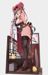 1girl, ass, azur lane, black dress, black footwear, black legwear, bra, braid, braided bun, breasts, bremerton (azur lane), bremerton (kung fu cruiser) (azur lane), bridal gauntlets, brown bra, china dress, chinese clothes, commentary, double bun, dress, dress lift, eyewear on head, from side, hair intakes, highres, lifted by self, long hair, looking at viewer, manjuu (azur lane), multicolored hair, no mole, official alternate costume, open mouth, panana, pelvic curtain, pink eyes, pink hair, revision, sideboob, solo, standing, steam, strapless, strapless bra, streaked hair, sweat, thighhighs, thighs, tinted eyewear, underwear, very long hair