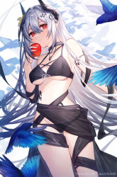 Rule 34 | 1girl, apple, arknights, bikini, bird, black bikini, black choker, breasts, choker, commentary request, cowboy shot, coyucom, flower, food, fruit, hair between eyes, hair flower, hair intakes, hair ornament, hand up, highres, holding, holding food, holding fruit, horns, infection monitor (arknights), jewelry, long hair, looking at viewer, medium breasts, mudrock (arknights), mudrock (silent night) (arknights), necklace, official alternate costume, partial commentary, pointy ears, red eyes, see-through, silver hair, solo, stomach, swimsuit, thighs, underboob, very long hair, white background, yellow flower