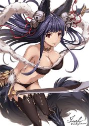 Rule 34 | 10s, 1girl, animal ears, bell, blue hair, character name, dual wielding, erune, granblue fantasy, holding, light smile, long hair, red eyes, sakiyamama, simple background, solo, sword, tail, thighhighs, twitter username, weapon, white background, yuel (granblue fantasy)