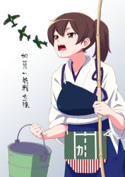 Rule 34 | 10s, 1girl, a6m zero, aircraft, airplane, asymmetrical hair, broom, brown eyes, brown hair, bucket, holding, image sample, japanese clothes, kaga (kancolle), kantai collection, military, monk kuuya, muneate, open mouth, personification, senzoc, short hair, side ponytail, skirt, solo, thumbnail, white background