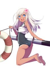 Rule 34 | 10s, 1girl, ass, bare legs, barefoot, bba1985, blue eyes, crop top, flower, from behind, full body, hair flower, hair ornament, highres, kantai collection, lifebuoy, long hair, looking at viewer, looking back, one-piece swimsuit, one-piece tan, open mouth, ro-500 (kancolle), sailor collar, school swimsuit, smile, solo, swim ring, swimsuit, swimsuit under clothes, tan, tanline, torpedo, transparent background, white background