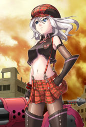 Rule 34 | 10s, 1girl, alisa ilinichina amiella, blue eyes, boots, cabbie hat, female focus, god eater, hat, outdoors, pantyhose, skirt, sky, solo, thigh boots, thighhighs, weapon