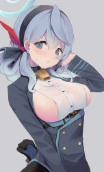 Rule 34 | 1girl, absurdres, akinoji (akiponpon27), ako (blue archive), bell, black coat, black gloves, black hairband, blue archive, blue eyes, blue hair, blush, breasts, buttons, center opening, closed mouth, coat, commentary, cowbell, cowlick, double-breasted, ear piercing, embarrassed, gloves, grey background, hair between eyes, hair ribbon, hairband, half gloves, halo, hand in own hair, highres, large breasts, light blue hair, long sleeves, looking at viewer, medium hair, neck bell, no bra, piercing, red ribbon, ribbon, see-through, sideboob, simple background, solo, sweatdrop, uniform, upper body