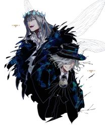 Rule 34 | 2boys, absurdres, alternate hair color, arthropod boy, black hair, blue eyes, cape, commentary, crown, dark persona, diamond hairband, edmond dantes (fate), evil smile, fate/grand order, fate (series), fedora, formal, fur collar, fur trim, gloves, hair over one eye, hat, highres, insect wings, long sleeves, looking at viewer, male focus, medium hair, multiple boys, oberon (fate), oberon (third ascension) (fate), shirt, simple background, smile, spoilers, star (symbol), suit, u 5ham0, upper body, white background, white hair, white shirt, wings, yellow eyes