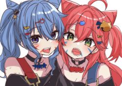 Rule 34 | 2girls, absurdres, ahoge, alternate costume, bare shoulders, bell, black choker, blue eyes, blue hair, cat hair ornament, choker, commentary, facepaint, green eyes, hair between eyes, hair ornament, hairclip, highres, hololive, hoshimachi suisei, jingle bell, long hair, looking at viewer, medium hair, multiple girls, open mouth, pink hair, portrait, roboro935672, sakura miko, side-by-side, simple background, tongue, two side up, virtual youtuber, white background