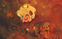 Rule 34 | 1girl, :d, blonde hair, blue eyes, cape, cleavage cutout, clothing cutout, colored sclera, commission, grey sclera, headphones, highres, looking at viewer, mechanical arms, medium hair, open mouth, polilla, red cape, servo-skull, single mechanical arm, smile, solo, warhammer 40k