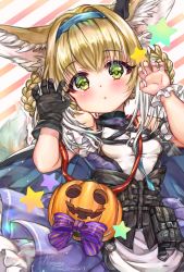 Rule 34 | 1girl, animal ears, arknights, bag, braid, claw pose, commentary request, detached sleeves, eyes visible through hair, fox ears, fox girl, fox tail, green eyes, hair between eyes, hairband, handbag, head tilt, highres, infection monitor (arknights), jack-o&#039;-lantern, light brown hair, long hair, looking at viewer, material growth, nyamaso, oripathy lesion (arknights), parted lips, sidelocks, solo, suzuran (arknights), tail, twin braids