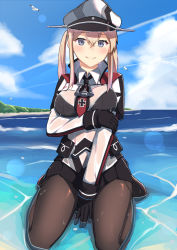 Rule 34 | 1girl, bird, black bra, black gloves, black pantyhose, black skirt, blonde hair, blue eyes, bra, breasts, capelet, cloud, commentary request, cross, day, gloves, graf zeppelin (kancolle), hair between eyes, hat, highres, iron cross, kantai collection, kusubii, large breasts, long sleeves, miniskirt, necktie, ocean, outdoors, pantyhose, peaked cap, pleated skirt, revision, seagull, see-through, seiza, sidelocks, sitting, skirt, sky, solo, twintails, underwear, wet, wet clothes, white hat