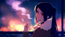 Rule 34 | 1girl, absurdres, artist name, asymmetrical bangs, backlighting, black hair, brown coat, cigarette, closed mouth, coat, expressionless, from behind, fur-trimmed coat, fur trim, highres, holding, holding cigarette, jill stingray, long hair, long sleeves, looking at viewer, night, night sky, pink eyes, rnna, sidelocks, signature, sky, smoke, smoking, solo, split mouth, swept bangs, turning head, upper body, va-11 hall-a