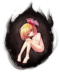 Rule 34 | 1girl, ascot, blush, collarbone, completely nude, dark, gradient background, head tilt, looking at viewer, nude, red eyes, rumia, simple background, solo, touhou, white background, z.o.b