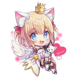 Rule 34 | 1girl, :d, animal, animal ear fluff, animal ears, armored boots, asymmetrical wings, bad id, bad pixiv id, bike shorts, black shorts, black socks, black wings, blonde hair, blue eyes, blush stickers, boots, breasts, brown gloves, cat, cat ears, chibi, crown, dress, english text, feathered wings, gloves, hair between eyes, hair ribbon, heart, highres, kneehighs, looking at viewer, marl (shironeko project), mini crown, mismatched wings, open mouth, red ribbon, ribbon, rucaco, shironeko project, short shorts, shorts, shorts under dress, signature, simple background, small breasts, smile, socks, solo, teeth, thank you, two side up, upper teeth only, white background, white cat, white dress, white footwear, white wings, wings