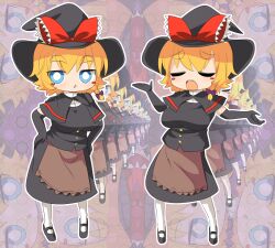 Rule 34 | 1girl, apron, black capelet, black footwear, black gloves, black hat, black vest, blonde hair, blue eyes, blush, blush stickers, bow, bowtie, braid, breasts, bright pupils, brown apron, buttons, capelet, closed eyes, commentary request, cookie (touhou), elbow gloves, full body, gloves, hair bow, hands on own hips, hat, hat bow, highres, kirisame marisa, large breasts, lets0020, looking at viewer, mary janes, medium bangs, meguru (cookie), multiple views, open mouth, outline, pantyhose, purple bow, red bow, red bowtie, shoes, short hair, single braid, standing, touhou, vest, waist apron, white outline, white pantyhose, white pupils, witch hat, zoom layer