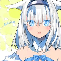 Rule 34 | 1girl, animal ear fluff, animal ears, bare shoulders, blue bow, blue eyes, blush, bow, breasts, cat ears, cat girl, character name, detached collar, dobrynya nikitich (fate), fate/grand order, fate (series), fur trim, hair bow, hairband, long hair, looking at viewer, low ponytail, robina, solo, white hair