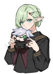 Rule 34 | 1boy, 1girl, :o, alternate costume, aqua eyes, au ra, black jacket, braid, braided bun, carrying, carrying person, colored sclera, commentary, contemporary, cropped torso, dragon horns, elezen, elf, final fantasy, final fantasy xiv, gakuran, green eyes, grey hair, grey sclera, hair bun, hair ornament, hairclip, hands up, highres, horns, jacket, looking at viewer, mini person, miniboy, neckerchief, pointy ears, red neckerchief, rielle de caulignont, ringed eyes, sailor collar, scales, school uniform, serafuku, short hair, sidurgu orl, simple background, single braid, size difference, squirming, swept bangs, symbol-only commentary, uneven eyes, upper body, white background, wuliu heihuo