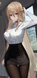 Rule 34 | 1girl, absurdres, arm up, azur lane, black-framed eyewear, black choker, black pantyhose, black skirt, blonde hair, breasts, button gap, choker, collared shirt, cowboy shot, dress shirt, glasses, hair between eyes, hand in own hair, high-waist skirt, highres, holding, holding paper, implacable (azur lane), implacable (shepherd of the &quot;lost&quot;) (azur lane), indoors, large breasts, long hair, long sleeves, looking at viewer, maanu, miniskirt, office lady, official alternate costume, pantyhose, paper, parted lips, pencil skirt, rectangular eyewear, red eyes, shirt, shirt tucked in, skirt, solo, thigh gap, thighs, very long hair, white shirt, window