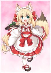 Rule 34 | 1girl, :d, absurdres, animal ear fluff, animal ears, apron, aqua eyes, bell, blonde hair, bow, cup, dress, fang, fluffy, fox ears, fox girl, fox tail, frilled apron, frilled dress, frills, full body, gradient background, hair bell, hair between eyes, hair bow, hair ornament, hand up, highres, holding, holding tray, japanese clothes, jingle bell, kinomiki nobori, light blush, long hair, long sleeves, looking at viewer, low-tied long hair, maid, maid headdress, miko, okobo, open mouth, original, pink background, red bow, sandals, shoes, skin fang, smile, solo, tail, teacup, thighhighs, tray, two-tone dress, very long hair, white apron, white headdress, white thighhighs, wide sleeves