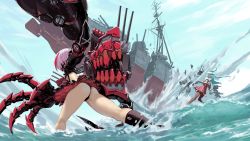 Rule 34 | 2girls, admiral graf spee (azur lane), ajax (azur lane), ass, azur lane, black legwear, blue sky, claws, commentary, cross, crusader kevin, day, english commentary, fighting, fighting stance, hat, highres, iron cross, light purple hair, long hair, looking at another, mechanical arms, multicolored hair, multiple girls, ocean, outdoors, pantyhose, rigging, ship, short hair, sky, standing, standing on liquid, streaked hair, thighs, two side up, watercraft, waves, white hair