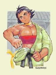 Rule 34 | 1girl, belt, biceps, black belt, black hair, breasts, brown eyes, chest sarashi, choker, cleavage, clenched hands, commentary, deltoids, dougi, english commentary, furrowed brow, head tilt, highres, karate gi, looking at viewer, makoto (street fighter), martial arts belt, medium breasts, muscular, muscular female, quasimodox, ribbon choker, sarashi, serious, short hair, single off shoulder, solo, street fighter, street fighter iii (series), tan, tomboy, undressing, yellow choker, you gonna get raped
