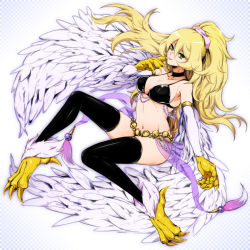 Rule 34 | 1girl, bad id, bad pixiv id, black thighhighs, blonde hair, breasts, chiyo (no3baki), choker, claws, cleavage, dancer, duel monster, feathers, green eyes, harpie dancer, harpy, large breasts, long hair, looking at viewer, monster girl, ponytail, solo, thighhighs, wings, yu-gi-oh!