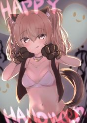 Rule 34 | 1girl, absurdres, animal ear fluff, animal ears, animal hands, blush, bra, breasts, collarbone, english text, fake animal ears, fake tail, ghost, gloves, hair between eyes, halloween, hands up, highres, inaba meguru, jewelry, kokoroofiscream, long hair, looking at viewer, miniskirt, navel, necklace, open clothes, orange eyes, orange hair, paw gloves, sanoba witch, skirt, small breasts, smile, solo, tail, tongue, tongue out, twintails, underwear, vest, white bra