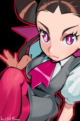 Rule 34 | 1girl, arm support, artist request, black background, brown hair, creatures (company), dress, game freak, grey dress, gym leader, highres, lips, looking at viewer, necktie, nintendo, pink eyes, pokemon, pokemon oras, red eyes, roxanne (pokemon), signature, sitting, solo, source request, tagme, twintails