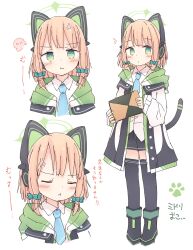 Rule 34 | 1girl, absurdres, anger vein, animal ear headphones, animal ears, black footwear, black shorts, black thighhighs, blonde hair, blue archive, blue necktie, blush, boots, bow, cat tail, closed eyes, closed mouth, collared shirt, fake animal ears, green bow, green eyes, hair bow, headphones, highres, jacket, kamotsu yasai, long sleeves, midori (blue archive), multiple views, necktie, open clothes, open jacket, pout, shirt, short hair, shorts, simple background, tail, thighhighs, translated, white background, white jacket, white shirt