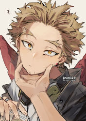 Rule 34 | 1boy, 1other, ?, black jacket, blonde hair, boku no hero academia, drink, ear piercing, earrings, facial hair, facial mark, feathered wings, feathers, forked eyebrows, goatee, hawks (boku no hero academia), headphones, headphones around neck, holding, holding another&#039;s head, holding drink, jacket, jewelry, kadeart, long eyebrows, looking at viewer, male focus, piercing, portrait, pov, pov hands, red feathers, red wings, ring, shirt, short hair, solo focus, stubble, stud earrings, thick eyebrows, twitter username, white shirt, wings, yellow eyes