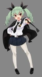 Rule 34 | 10s, 1girl, anchovy (girls und panzer), blush, drill hair, fang, girls und panzer, gomashi (goma), green hair, hair ribbon, hand on own hip, highres, long hair, looking at viewer, military, military uniform, necktie, open mouth, outstretched arm, pantyhose, red eyes, ribbon, riding crop, smile, solo, twin drills, twintails, uniform, white pantyhose