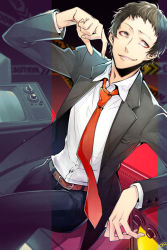 Rule 34 | 1boy, adachi tooru, bad id, bad pixiv id, belt, black hair, black jacket, caution tape, formal, grin, jacket, long sleeves, male focus, necktie, pants, persona, persona 4, red necktie, shirt, signature, sitting, smile, solo, suit, television, white shirt, yuu (isis7796)