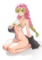 Rule 34 | 1girl, absurdres, alternate breast size, bikini, blush, bottomless, braid, breasts, closed mouth, collarbone, commentary request, fingernails, gradient hair, green bikini, green eyes, green hair, hair between eyes, hand under clothes, hand under swimsuit, haori, highres, japanese clothes, kanroji mitsuri, kimetsu no yaiba, legs, long fingernails, long hair, looking at viewer, medium breasts, mole, mole under each eye, mole under eye, multicolored hair, multiple moles, nail polish, navel, pink hair, red nails, seiza, simple background, sitting, smile, solo, stomach, swimsuit, thighs, twin braids, two-tone hair, white background, wudongyouyi
