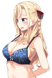 Rule 34 | 1girl, absurdres, armpits, arms behind back, bare arms, bare shoulders, black ribbon, blonde hair, blue bra, blue eyes, blush, bow, bow bra, bra, braid, breasts, cleavage, collarbone, commentary request, floral print, from side, hair between eyes, hair ribbon, high school fleet, highres, kapatarou, large breasts, long hair, looking away, navel, open mouth, print bra, ribbon, side braid, simple background, single braid, solo, striped ribbon, underwear, underwear only, upper body, very long hair, white background, wilhelmina braunschweig ingenohl friedeburg