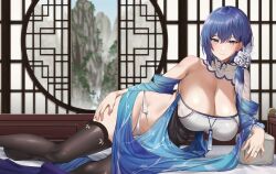 Rule 34 | 1girl, black thighhighs, blue hair, blush, breasts, closed mouth, commentary, commission, dp-12 (echeveria lantern) (girls&#039; frontline), dp-12 (girls&#039; frontline), english commentary, foot out of frame, fuooooo, girls&#039; frontline, grey eyes, hair ornament, highres, jewelry, large breasts, looking at viewer, lying, medium hair, official alternate costume, on side, panties, ring, single bare shoulder, skeb commission, smile, thighhighs, thighs, underwear, white panties