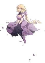 Rule 34 | 1girl, alternate costume, black dress, black pantyhose, blonde hair, blue eyes, blush, bow, braid, braided ponytail, breasts, cleavage, commentary request, dress, fate/apocrypha, fate/grand order, fate (series), flower, hair bow, hair flower, hair ornament, high heels, highres, jacket, jacket on shoulders, jeanne d&#039;arc (fate), jeanne d&#039;arc (ruler) (fate), kabutomushi s, large breasts, long hair, looking at viewer, open mouth, pantyhose, petals, purple bow, purple dress, purple flower, purple footwear, signature, simple background, sitting, sleeveless, sleeveless dress, smile, solo, two-tone dress, very long hair, white background, white jacket