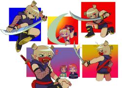 Rule 34 | 3girls, attack, black eyes, black jacket, blonde hair, blood, blood on face, bracelet, brown hair, clenched teeth, commentary, cuts, detached sleeves, finger to mouth, fishnet sleeves, fishnets, flaming eye, guruo (gur sp), heart, highres, holding, holding sword, holding weapon, hood, hoodie, index finger raised, injury, jacket, jewelry, kim pine, multiple girls, on one knee, pouch, ramona flowers, red hair, roxanne richter, scott pilgrim (series), scott pilgrim takes off, serious, sheath, sheathed, short twintails, single detached sleeve, sleeveless, sleeveless hoodie, spiked bracelet, spikes, sweatdrop, sword, teeth, twintails, weapon, yuri