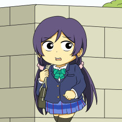 10s 1girl bag comic female_focus gundam love_live! love_live!_school_idol_project low_twintails lowres mobile_suit_gundam open_mouth purple_hair school_bag school_uniform scrunchie shiitake_nabe_tsukami solo thighhighs tojo_nozomi twintails wall zettai_ryouiki