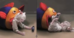 Rule 34 | 1girl, absurdres, angry, animal ears, cat ears, dana (ocana dana), doll, closed eyes, fish, handheld game console, highres, lying, meme, on back, original, playing games, playstation portable, sweater, white hair, white sweater