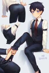 Rule 34 | 1boy, absurdres, ankle grab, arm strap, arm support, arms at sides, ass, belt, bent over, black footwear, black hair, black jacket, black necktie, black pants, blue eyes, collared shirt, cropped legs, cropped torso, dated, formal, grey background, high heels, highres, jacket, kiyonagi, knee up, kusanagi (kiyonagi), long sleeves, looking at another, male focus, multiple views, necktie, original, out of frame, pants, red necktie, shirt, short hair, simple background, stepped on, suit, tight clothes, tight pants, white shirt